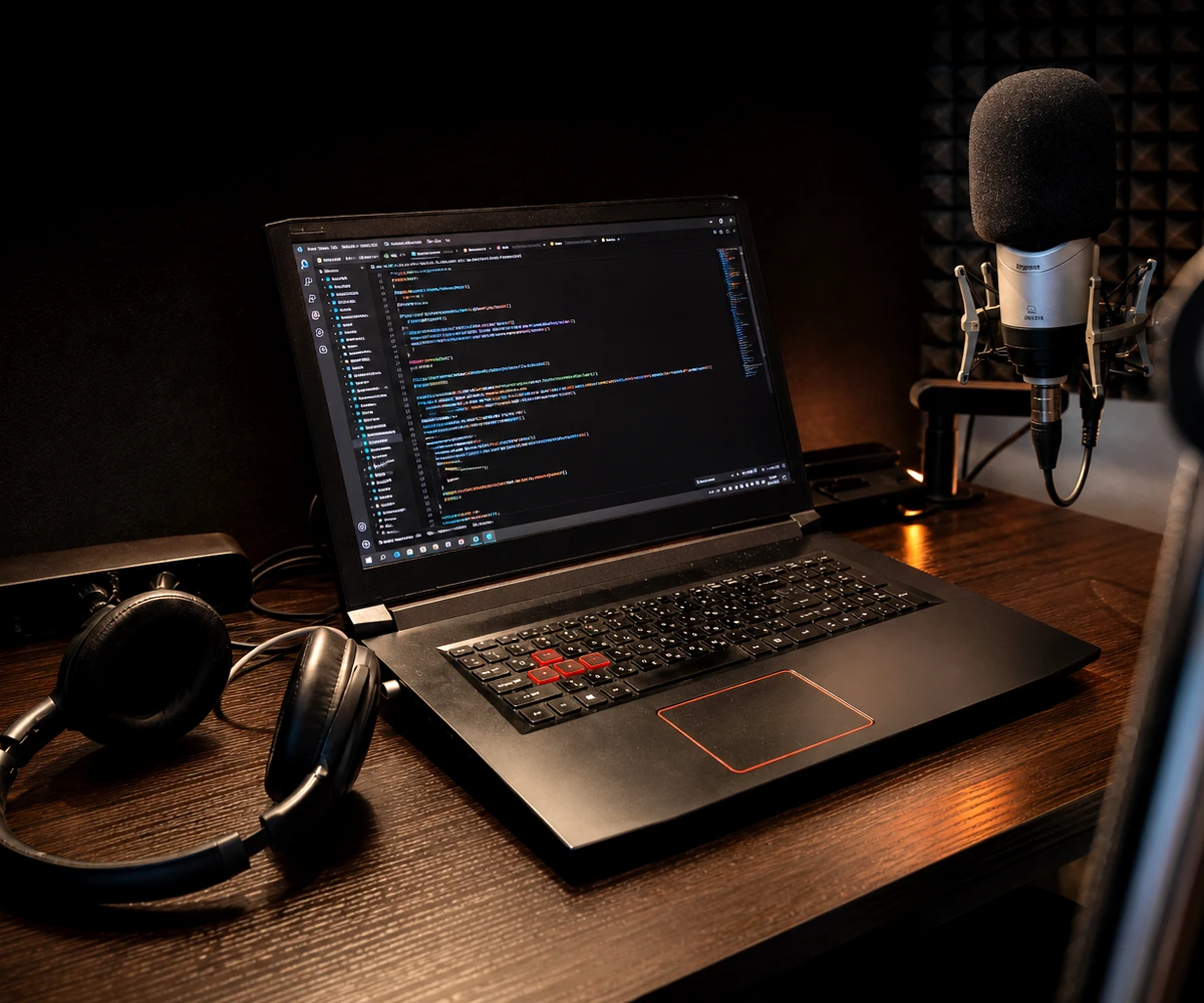 Home workspace with laptop and code editor
